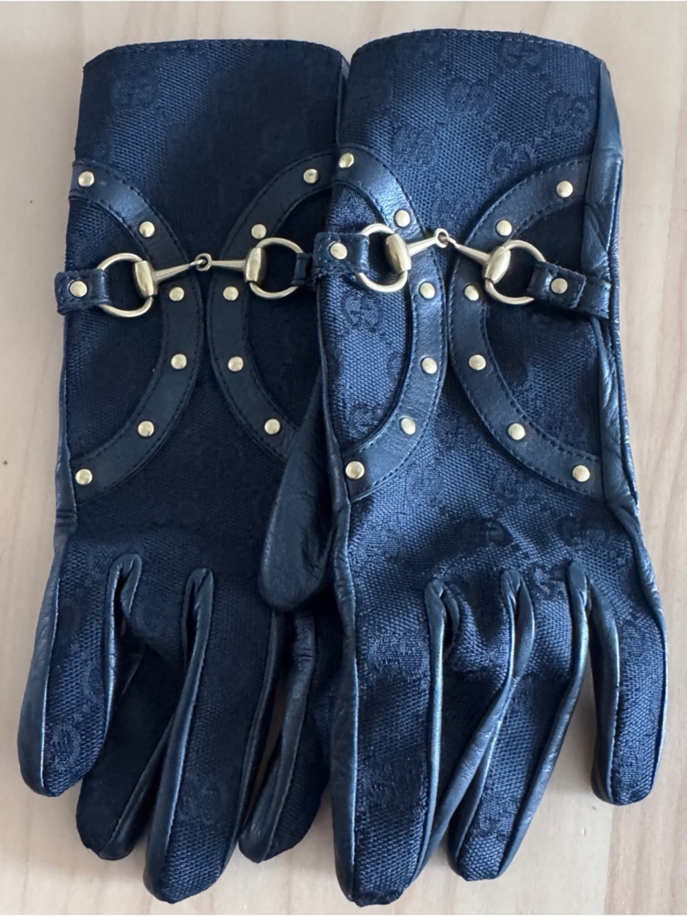 Gucci  Leather & Canvas Gloves with Gold Horsebit